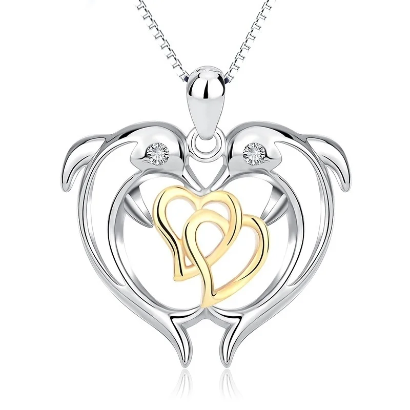 

Exquisite Cute Silver Color Heart Shape Double Dolphin Necklace Pendant Valentine's Day Lover Gift for Women Jewelry