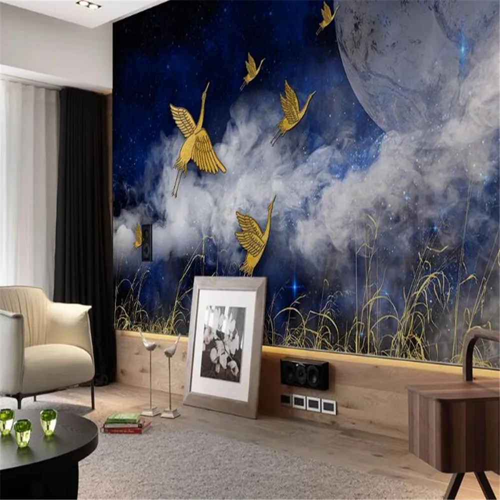 Milofi New Chinese National Tide Wind Golden Crane Sky TV Background Wall Painting