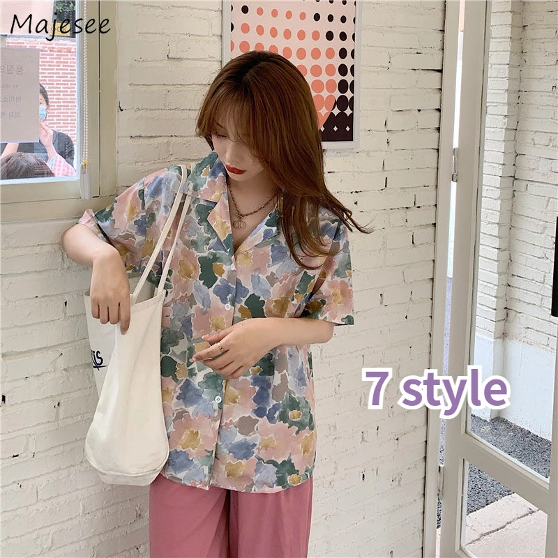 

Shirts Women Harajuku 7 Color Retro Printed Stylish Short Sleeve Leisure Turn-down Collar Top Summer Streetwear Vocation College