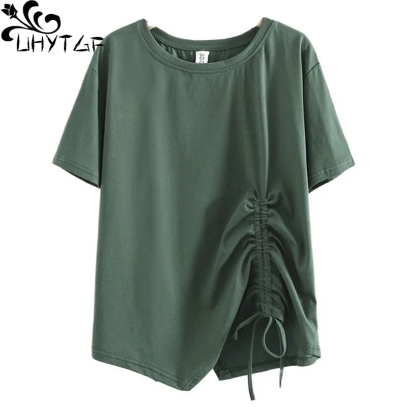 UHYTGF Short Sleeved Summer T-Shirt Women Clothing Irregular Drawstring Top Female Cotton Comfortable 3XL Oversized T-Shirt 2195