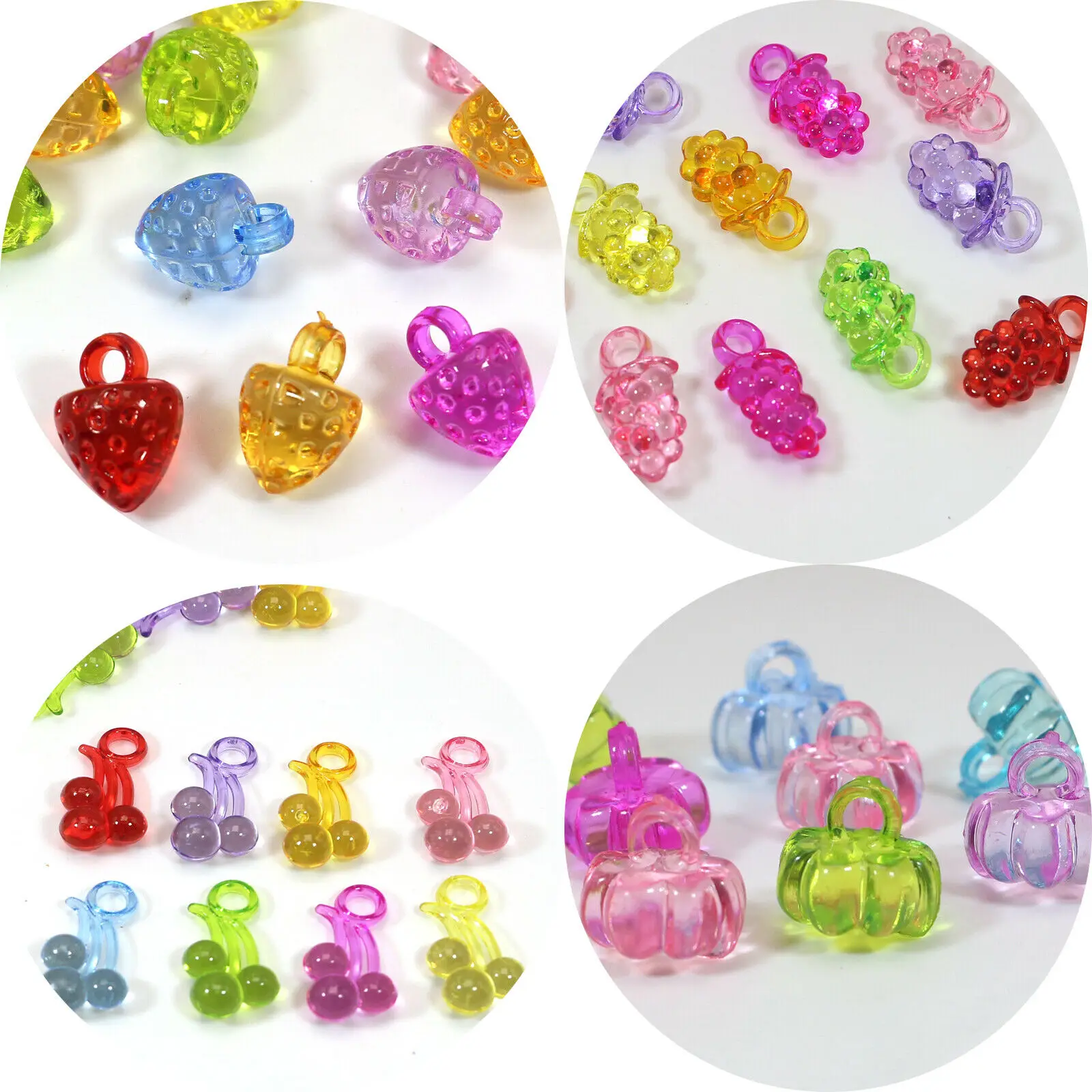 100 Mixed Color Transparent Acrylic Mini Various Fruit Charm Pendants Craft DIY