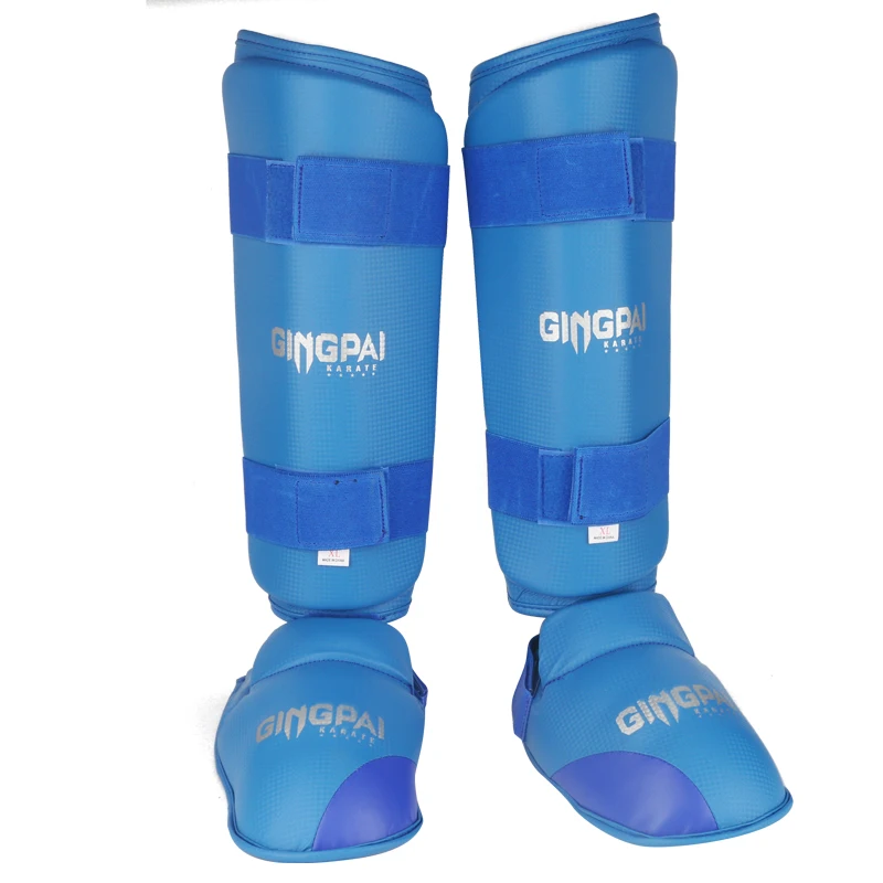 GINGPAI Professional Karate Shin Guards with Finger Red Blue Muay Thai Leg Guard Foot Pads Ankle Support MMA Taekwondo Protects