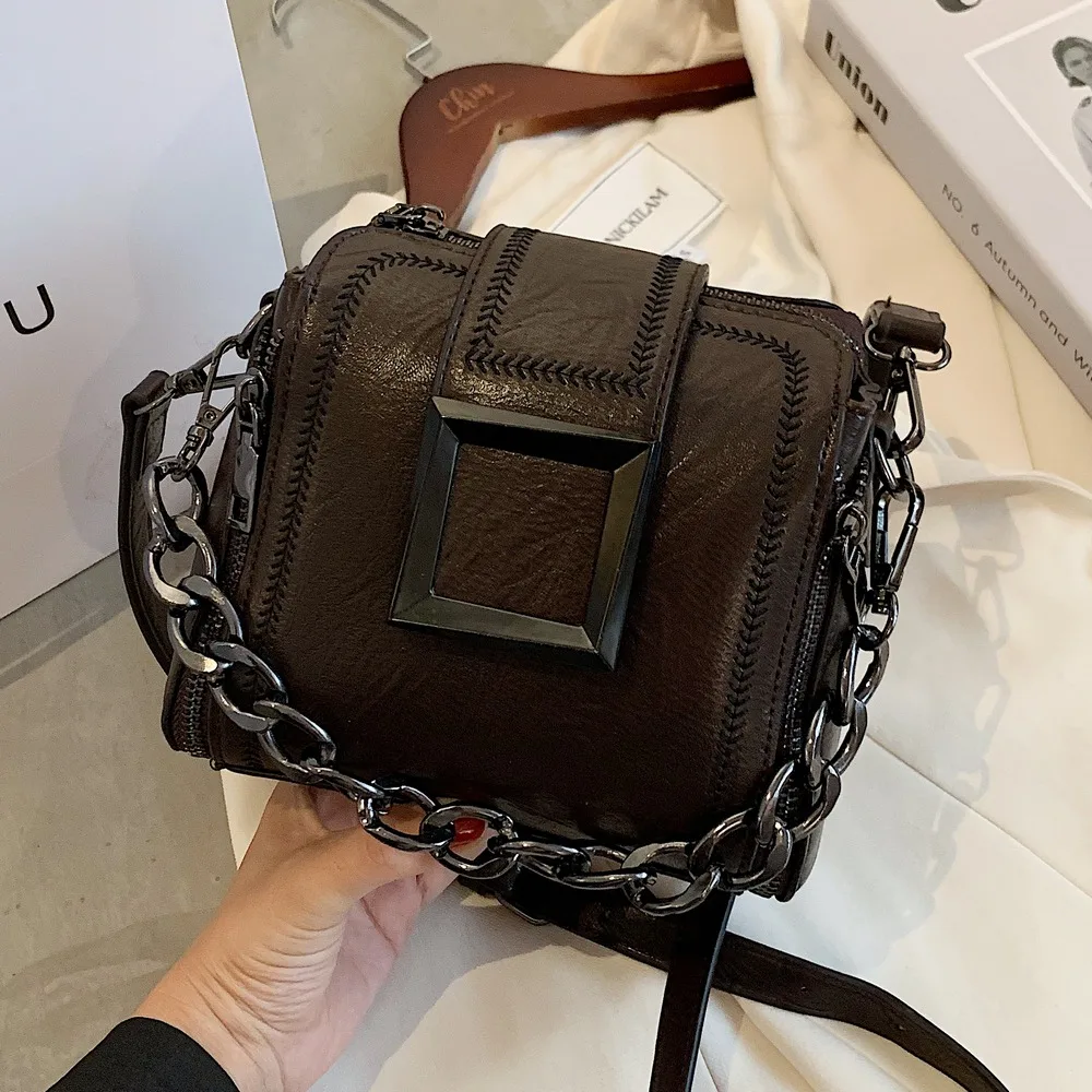 Vintage Bucket Bag PU Leather Luxury Handbag Women\'s Chains Hasp Small Bag Retro Shoulder Bag