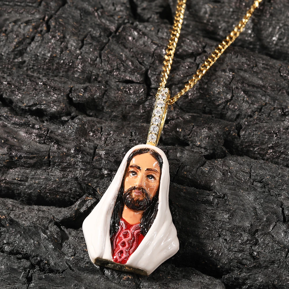 THE BLING KING Enamel Jesus Pendant Necklace Colorful Face Religious Charm Hip Hop Cubic Zirconia Hook Jewelry Birthday Gift