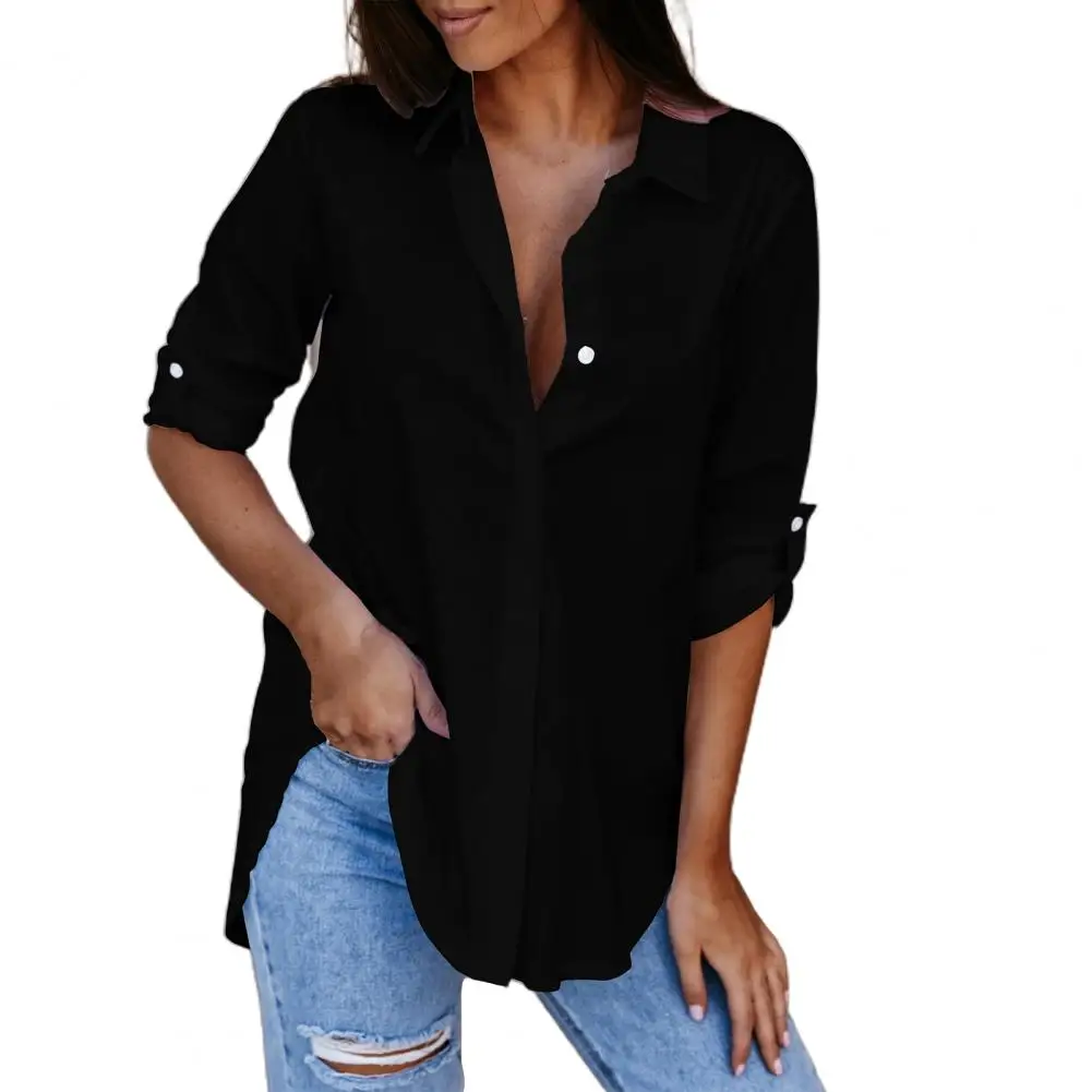 Lapel Shirt Women fashion Solid Color V Neck Long Sleeve All Match Casual Blouse for Party tops women 2021 Black xxl office wear