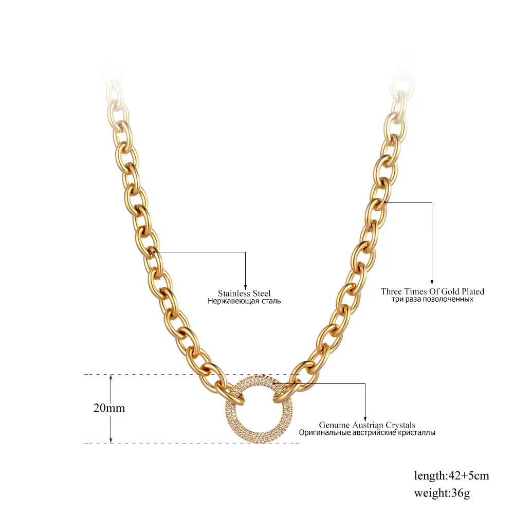 Lokaer Titanium Stainless Steel Crystal Circle Charm Pendant Necklaces Hiphop/Rock Link Chain Jewelry For Women Men N21194
