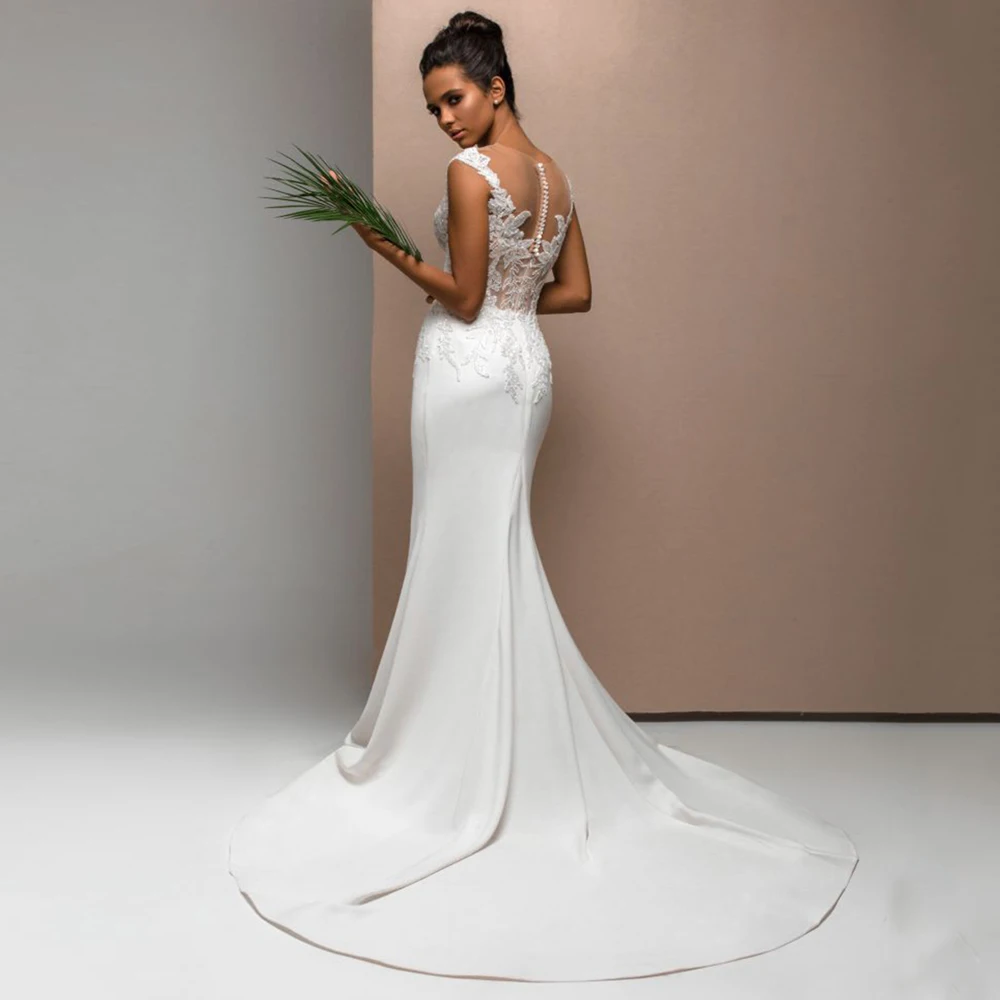 Abito da sposa senza schienale a sirena maniche ad aletta scollo a V applicazioni economici trasparenti Sweep Train Beach abiti da sposa Robe personalizzato