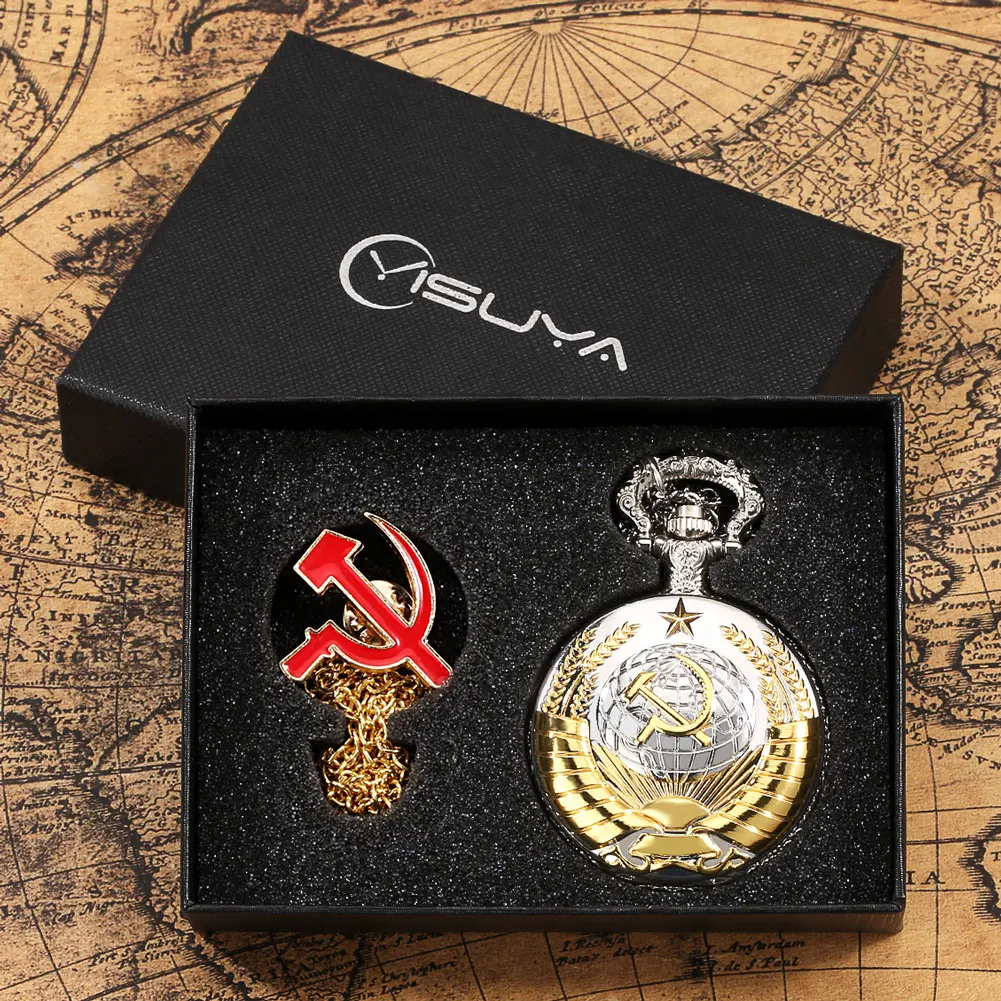 Vintage Pocket Watch Necklace Set USSR Soviet Badge CCCP Sickle Hammer Quartz Watch Gifts for Men Steampunk Reloj De Bolsillo