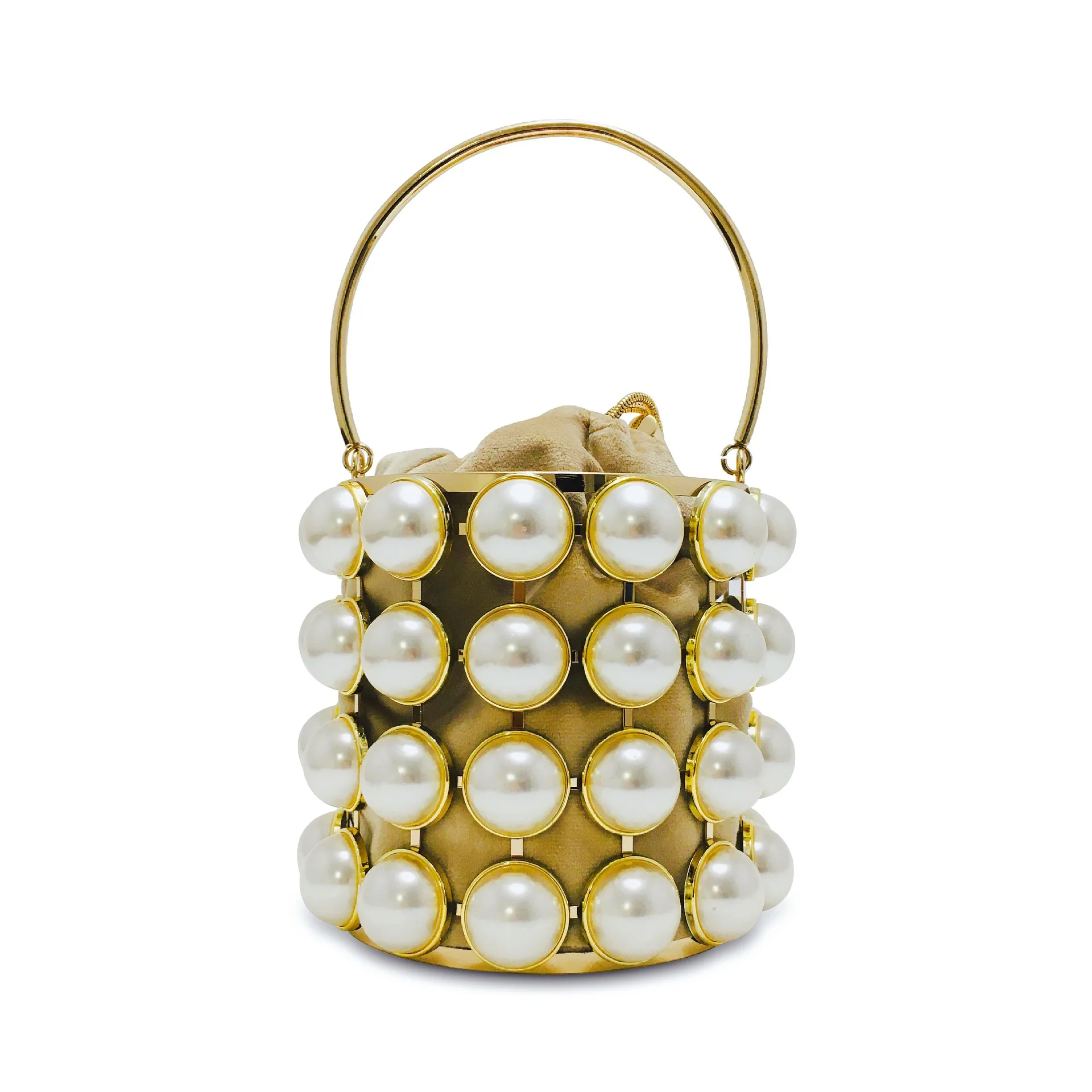 

Luxury Designer Handmade Pearl Women Ladies Bucket Bag Crossbody Shoulder Bags Top-Handle Hollow Out Metal Clutch Evening Purse