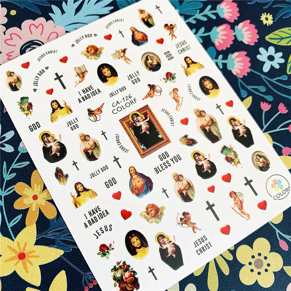 Newest HANYI-34 Jesus 3d nail art sticker nail decal stamping export japan designs rhinestones  decorations