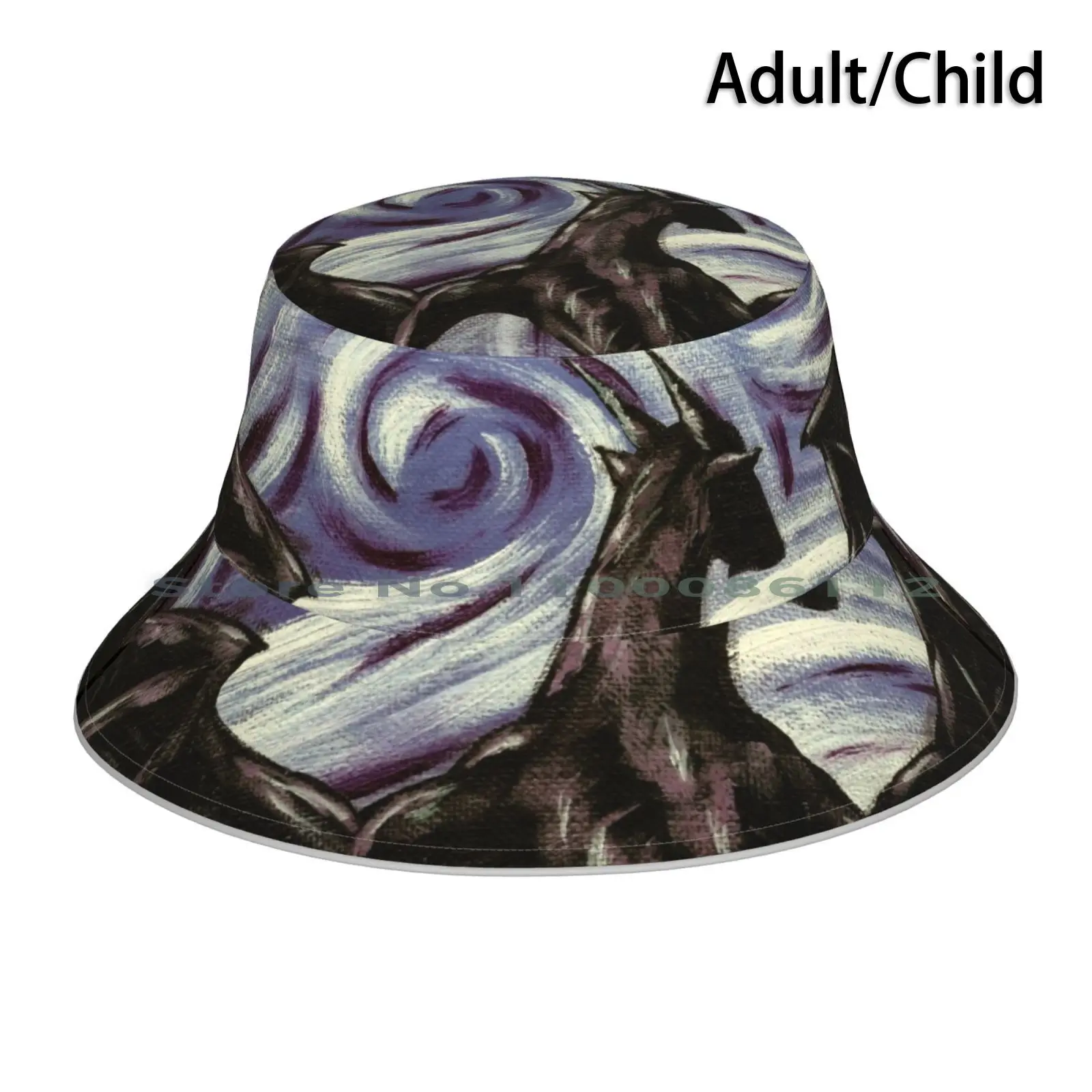 Dark Dragon Bucket Hat Sun Cap Dark Black Reptiles Lizards Scales Bats Bat Horns Horned Purple White Swirls Magical Mythical