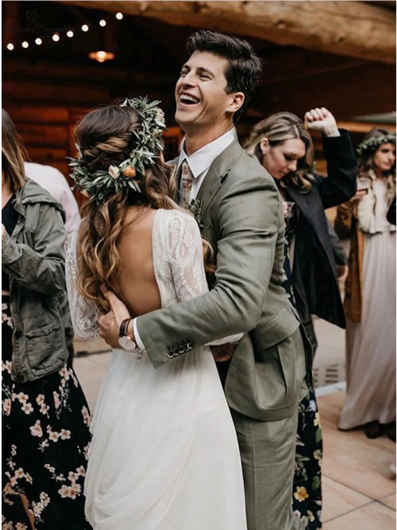 Vestido De novia De encaje bohemio para mujer, vestidos De novia De manga larga con Espalda descubierta, para playa, 2020