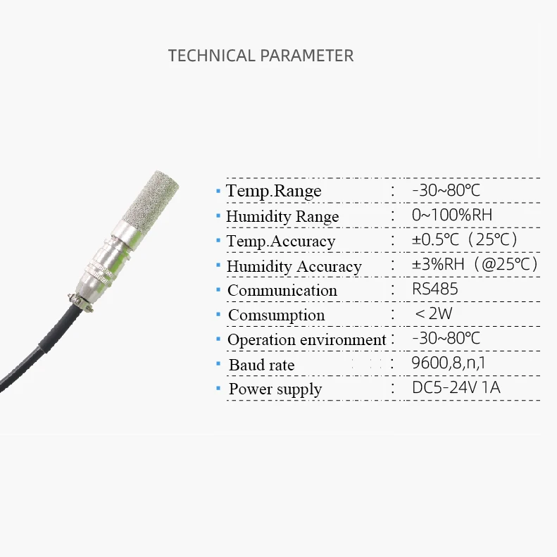 อุณหภูมิและความชื้นเครื่องส่งสัญญาณ SENSOR RS485 9600bps n.8.1 -30 ~ 80'C 0-100% RH สัญญาณจับโลหะมีวงเล็บ