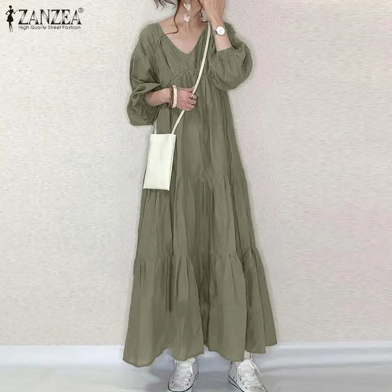 Vintage Ruffle Dress Women\'s Spring Sundress ZANZEA 2023 Casual Puff Sleeve Maxi Vestidos Female V Neck Robe Femme