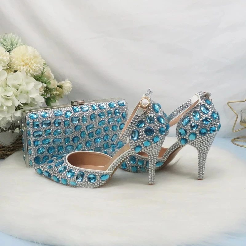 Fashion Bride Wedding Shoes With Bag Set Blue Pointed Toe Sandals Ankle Strap Crystal Bridesmaid Party Dress Shoes Rhinestone