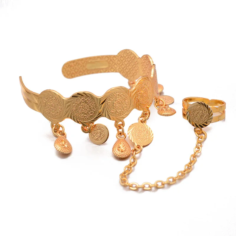 New Coin Gold Color  Bangles Baby/Child with Ring Middle Eastern Jewelry Muslim Islamic Bracelets Wholesale Coins Money Sign