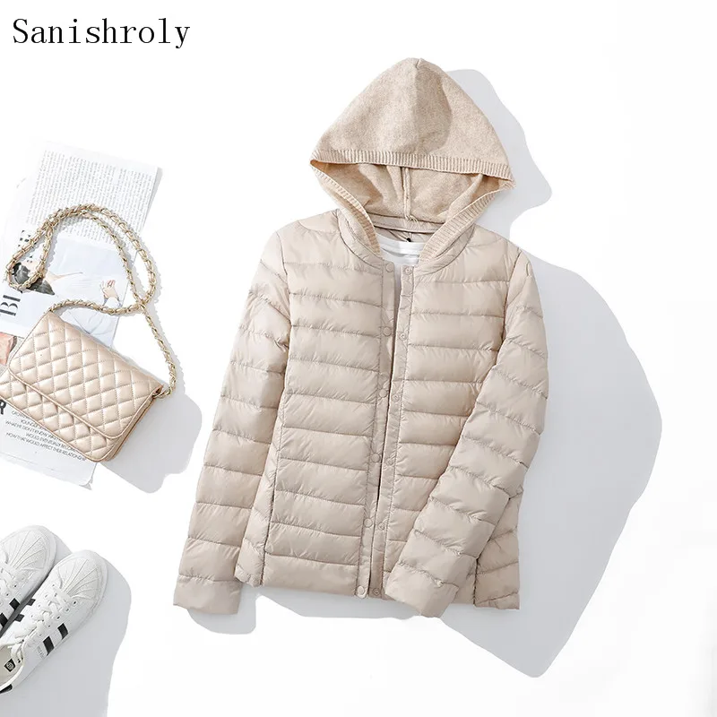 2022 New Autumn Winter Ultra Light White Duck Down Jacket Parkas Women Knitted Pactwork Hooded Coat Female Short Puffer Outwears