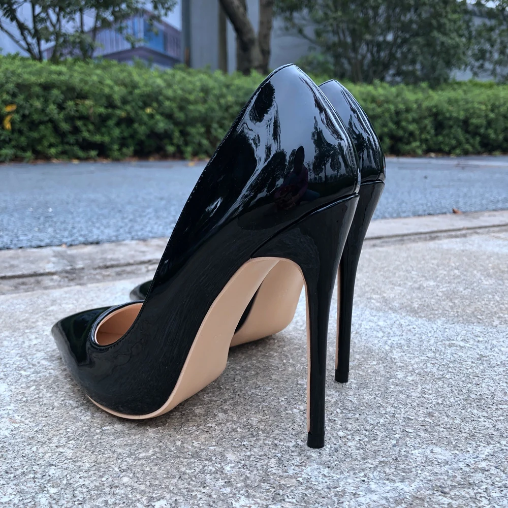 Tikicup Women Patent Pointed Toe Pumps Solid Black Comfortable Pointy Stilettos Ladies Slp On High Heels Formal Dress Shoes