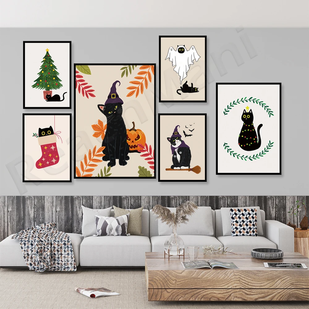 Weihnachtsdekorationen, Kürbiskunst, Weihnachtsbaum, Weihnachtskatze, Weihnachtsstrumpf, Weihnachtsillustration, Halloween-Herbst
