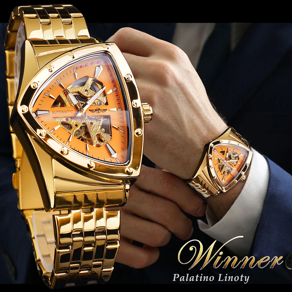 Winner Men Skeleton Automatic Military Watch Luxury Gold Triangle Mechanical Watches Transparent Stainless Steel Band Male Clcok