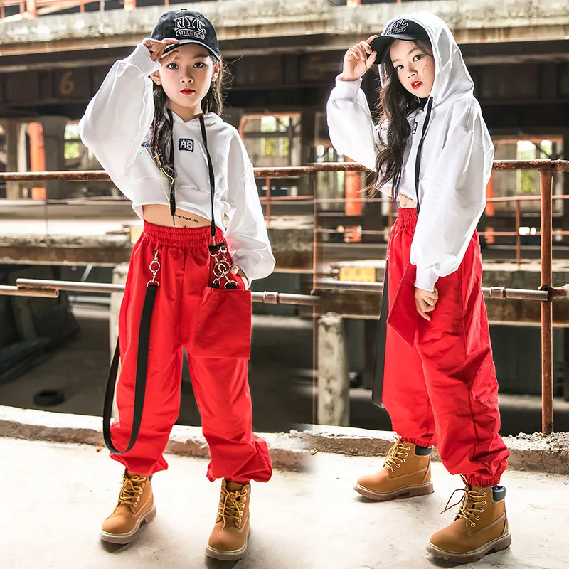 Disfraz de baile de Jazz para niñas, ropa de Hip Hop, Tops blancos sueltos, pantalones rojos, ropa moderna de espectáculo de Jazz callejero, traje de escenario BL5056