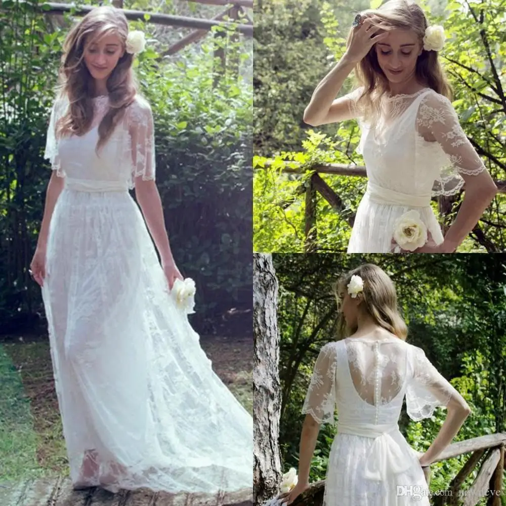 Fashion Wedding Dresses Jewel Half Sleeves Lace Appliques Bohemia Garden Bridal Gowns Boho A Line Beach Wedding Dress