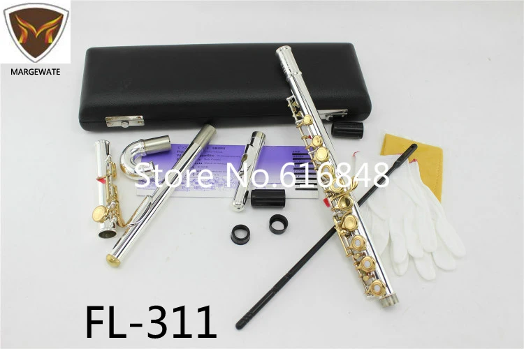 

Hot FL-311 flute Small Elbow Curved Head the 16 / 17 key holes open closed C Flute Silver body gold keys instrument flauta