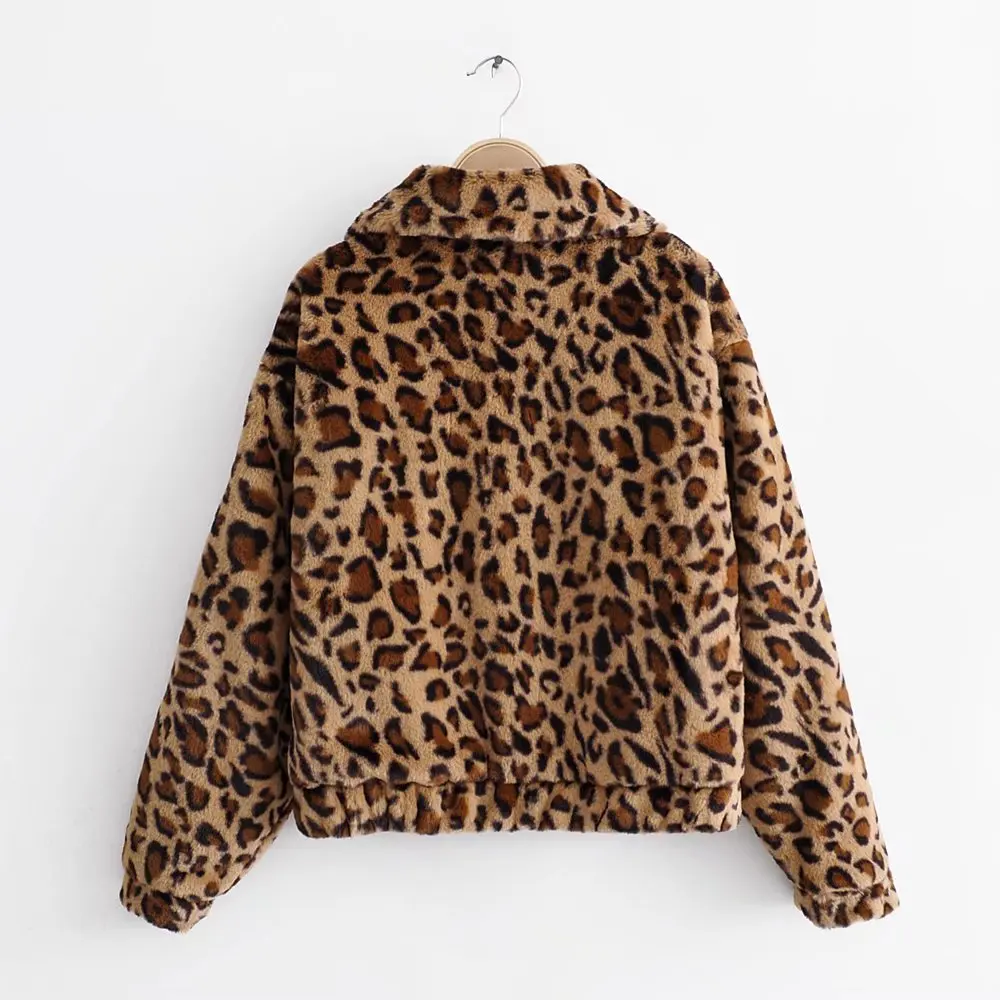 PUWD Fashion Women Leopard Print Plush Short Jacket  2021 Autumn Winter Retro Zipper Leisure Jackets Loose Female Short Outwear