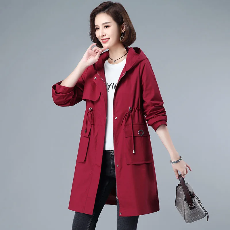 New 2022 Women Trench Coat Spring Autumn Casual Outerwear Loose Overcoat Female Mid-length Fashion Hooded Windbreaker R791