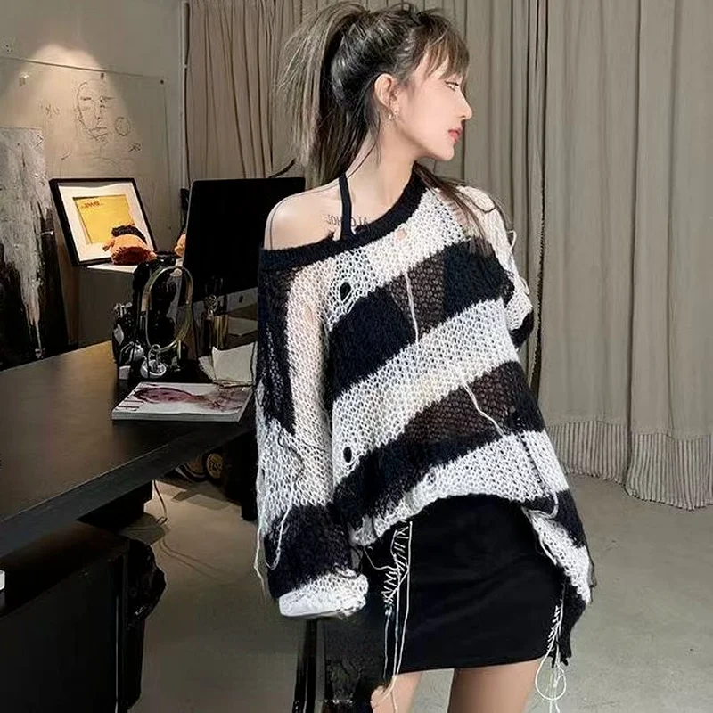 Pullovers Women Fashion Hollow Out Lazy Style Striped Sexy Female Sweaters Loose-fitting Newest Leisure All-match Streetwear Ins