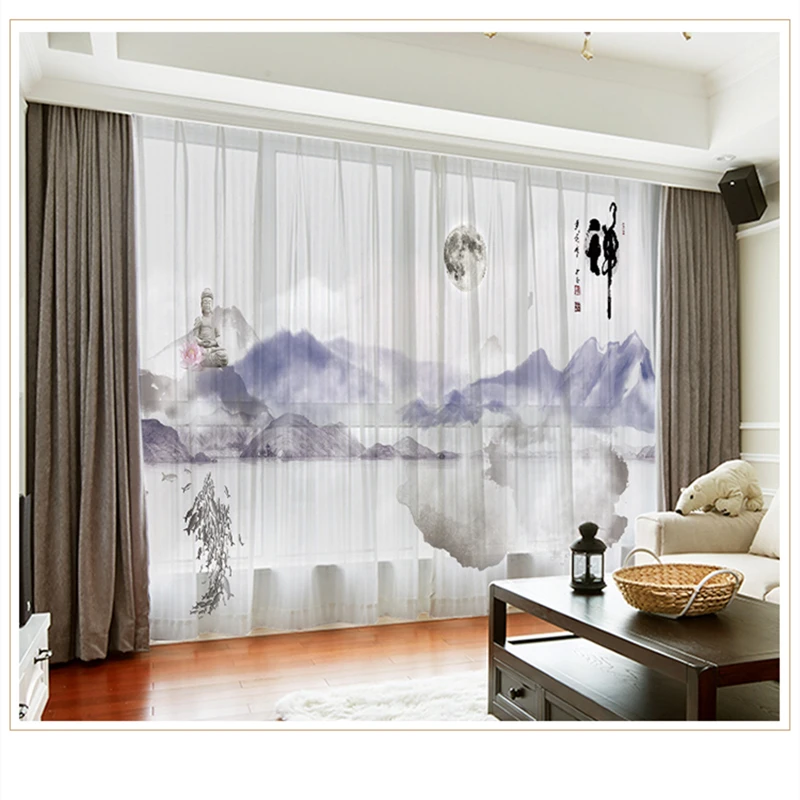 

Custom Chiffon Sheer Curtain Window Drape for Bedroom Living Room Mountain Hills River Zen Landscape Khaki Gray Brown Pink Blue