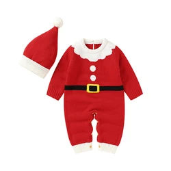 Christmas Baby Romper Knitted Newborn Child Santa Claus Playsuit Long Sleeve Infant Boy Girl Clothing Hat Winter Jumpsuit Outfit