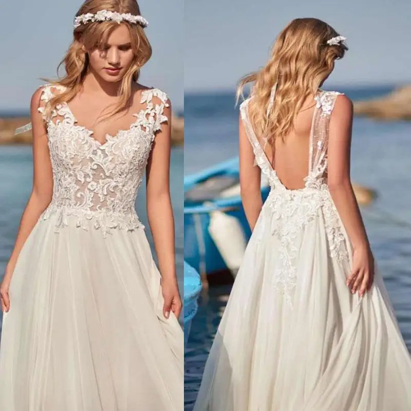 Vestidos de novia de estilo campestre, vestidos de novia de talla grande con escote en V y espalda descubierta