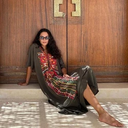 Mexican Dress Embroidery Robe Delicate Geometrci Pattern Lace-Up V-Neck Kaftan Maxi Dress Retro-Fashion Boho Party Tunic Caftan