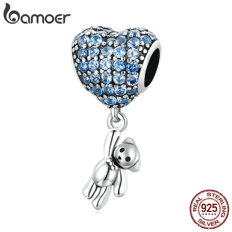 bamoer Luxury Silver Rainbow Heart Blue Crystal Balloon Bear Charm 925 Sterling Silver Pendant for Original Bracelet DIY Jewelry