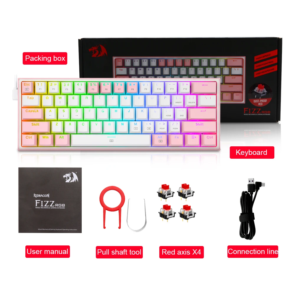 Imagem -06 - Rgb Usb Mini Teclado Mecânico para Jogos Interruptor Vermelho 61 Teclas Cabo Destacável com Fio Portátil para Viagens Novo K617