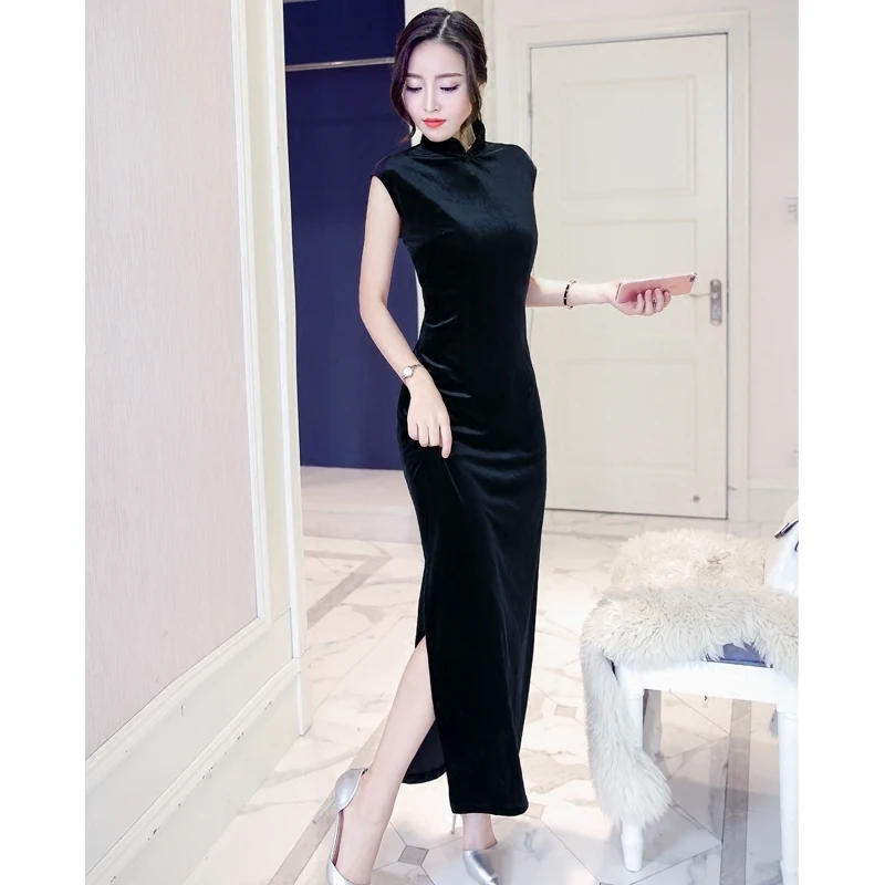 

High grade elastic Korean velvet Pure Black Retro Republic of China long modified slim fit shoulder sleeve banquet evening dress