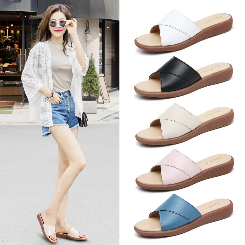 Slippers Women Summer Genuine Leather Cow Leather Shoes Woman Flats Slides High Quality Fashion Slippers Ladies Plus Size Shoes