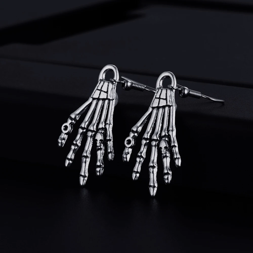 Trendy Vintage Skeleton Hand Shape Dangle Antique Silver Plated Earrings for Women Girl Retro Drop Earrings Cute Earring Jewelry