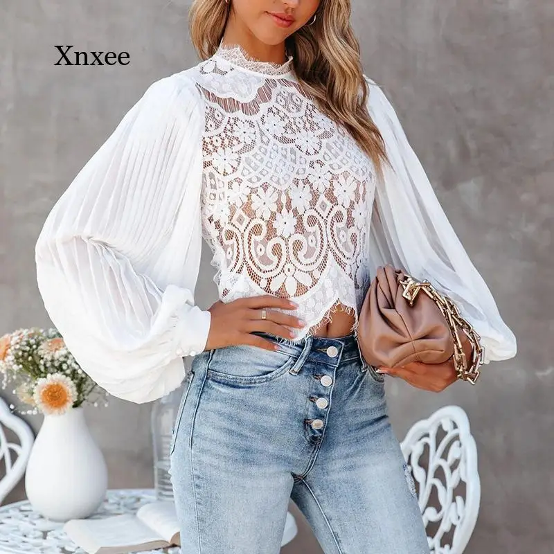 

Women Pullover Blouse Solid Sexy Lace Shirt Casual Half High Collar Lantern Sleeve Tops Femme Slim Fit Streetwear Shirt Blusa