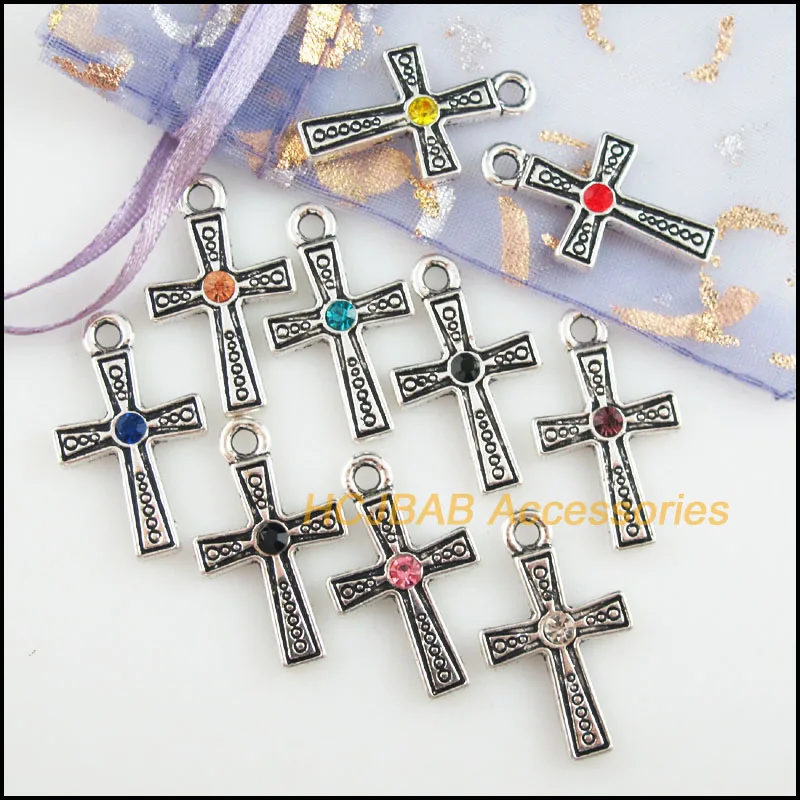 

20 New Cross Charms Tibetan Silver Tone Retro Mixed Crystal Pendants 16x26.5mm