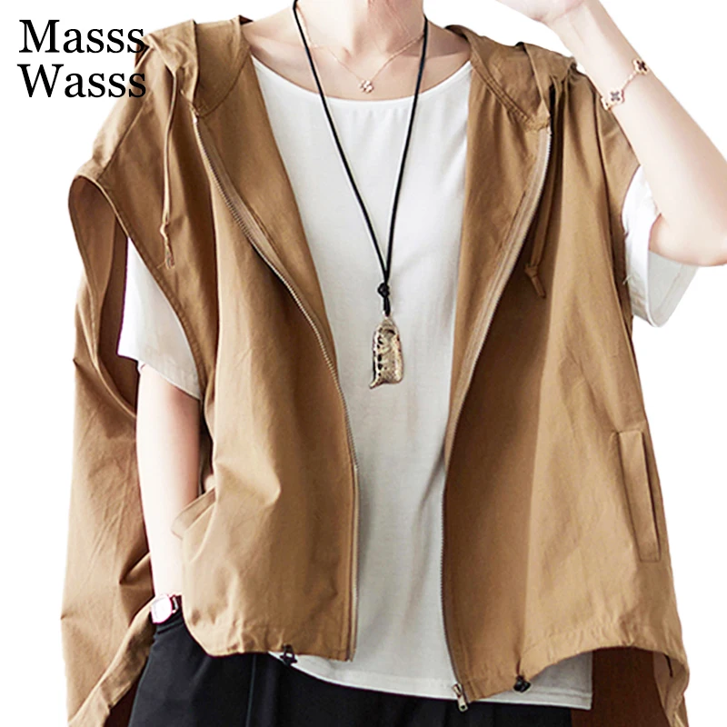 

Masss Wasss Japan Style Autumn 2021 Khaki Hooded Vest Womens Casual Zippers Loose Waistcoats Sleeveless Vintage Vintage Coats