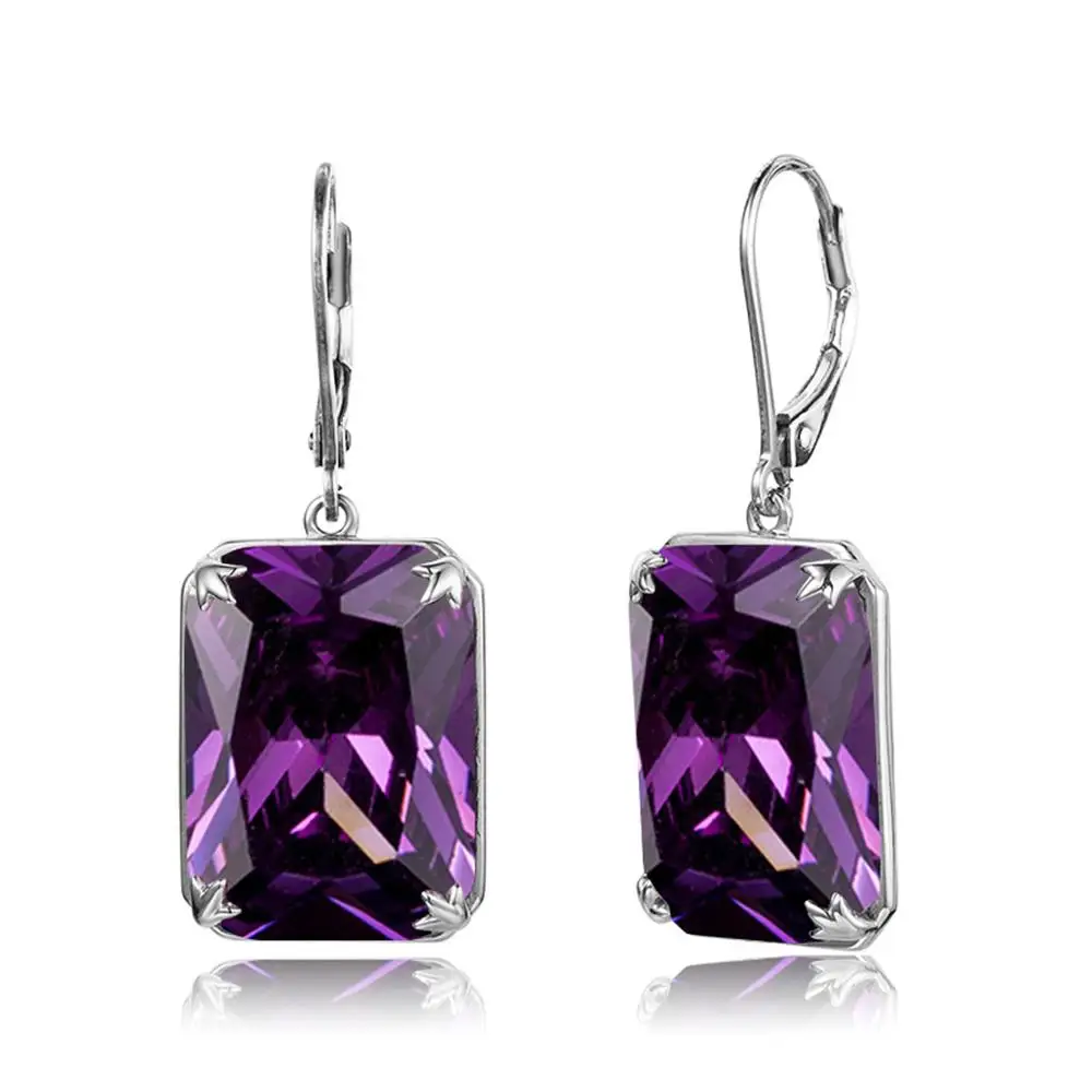 

Real 925 Sterling Silver Amethyst Earrings For Women Jewelry With Stones Rectangle Female Fine Jewellery Gift Hypoallergenic Hot