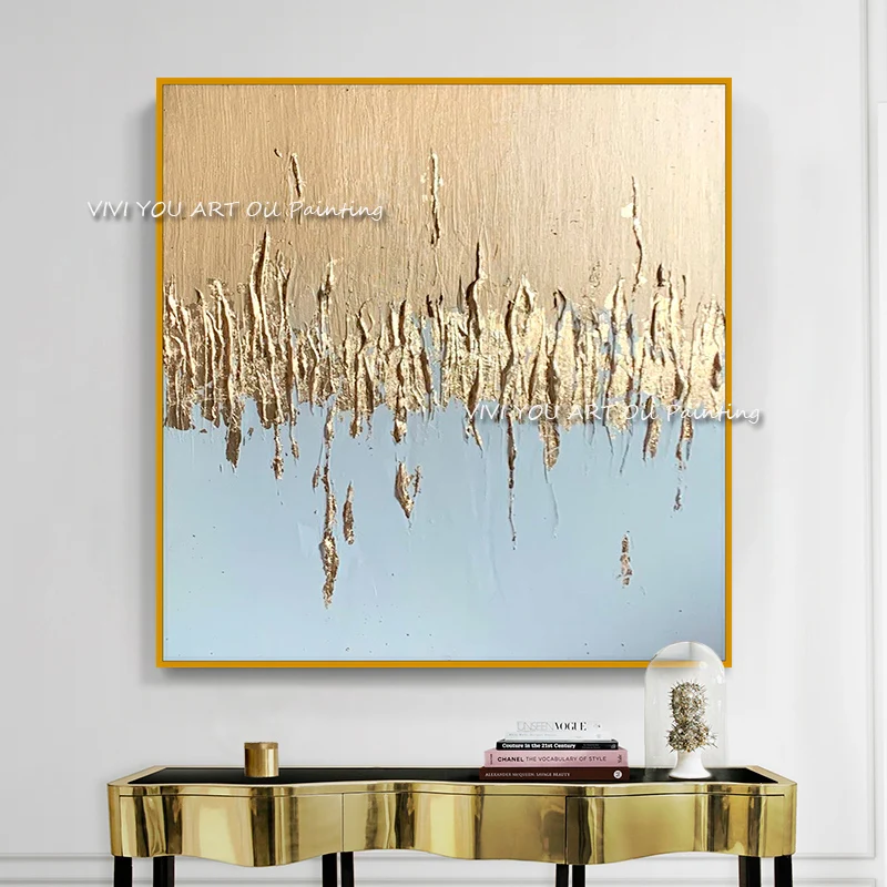 Original Handmade Textured Oil Canvas, Neutral Gold Leaf Minimalist Large Square Wall Art Modern Home Decor
