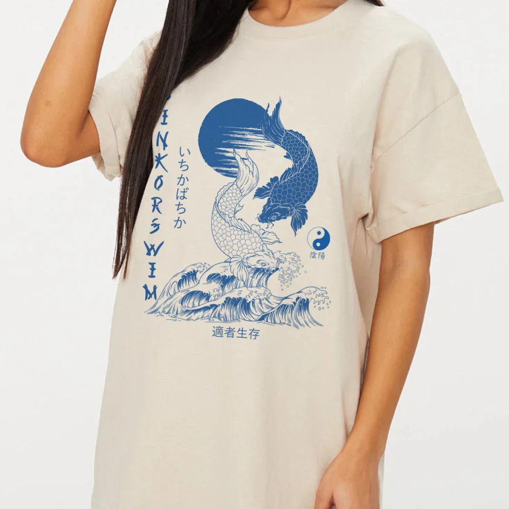 Koi Fish Japanese Style T Shirt Vintage Plus Size Harajuku Streetwear Women T-Shirts Yin Yang Graphic Tshirt Aesthetic Clothing