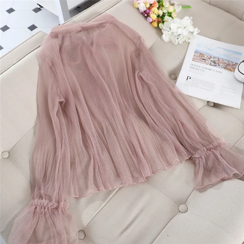 2020 New Spring Summer Women Mesh Blouse Solid Casual Tie Bow Lace Shirts Female Long Sleeve Blouses Bottoming Shirt Tops AB1825