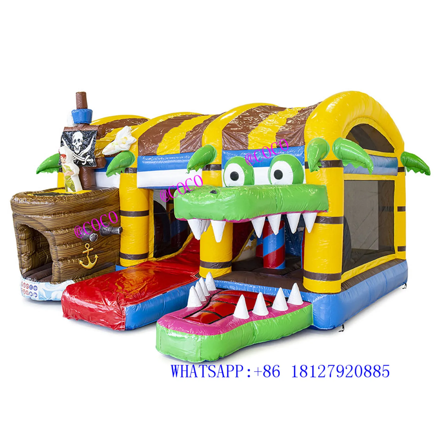 free air ship to door, 5x5m crocodile pirate ship combo inflatable bouncer jumping bouncy castle bounce house with slide