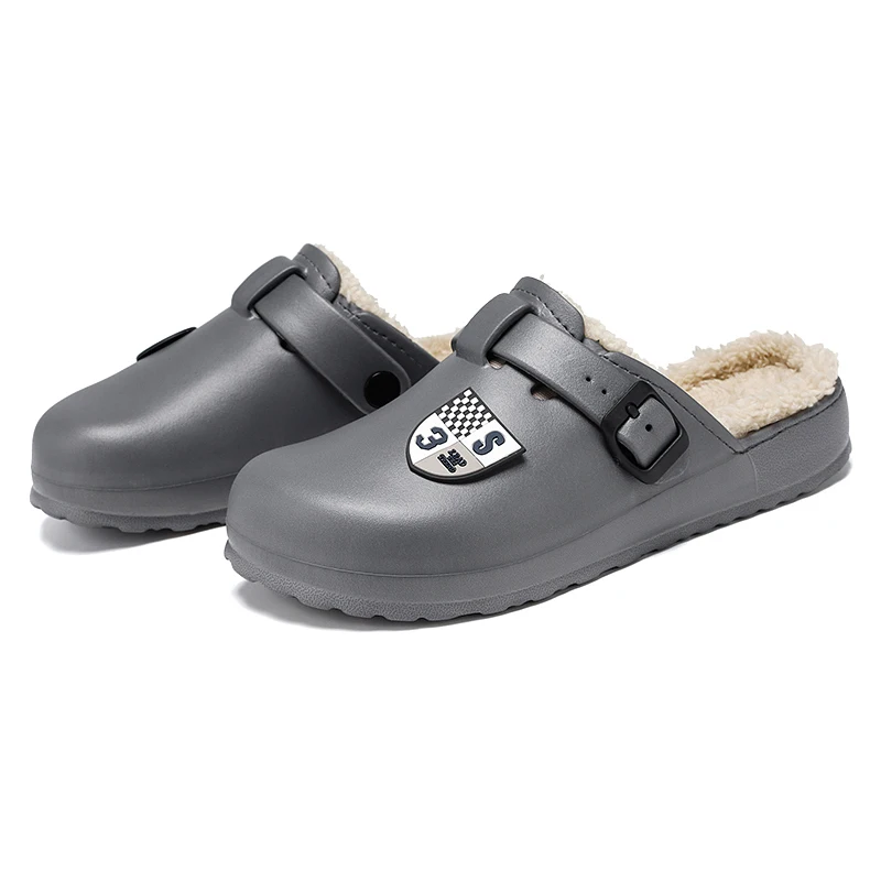 NEW Winter Men Waterproof Mule Clogs PU Warm Fluffy Cotton Indoor Shoes Buckle Slides Footwear Home Slippers  Plus Size 40-45