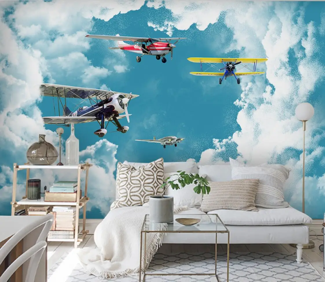 beibehang Modern wallpaper mediterranean blue sky white clouds aircraft mural wallpaper children's room background 3D wall paper