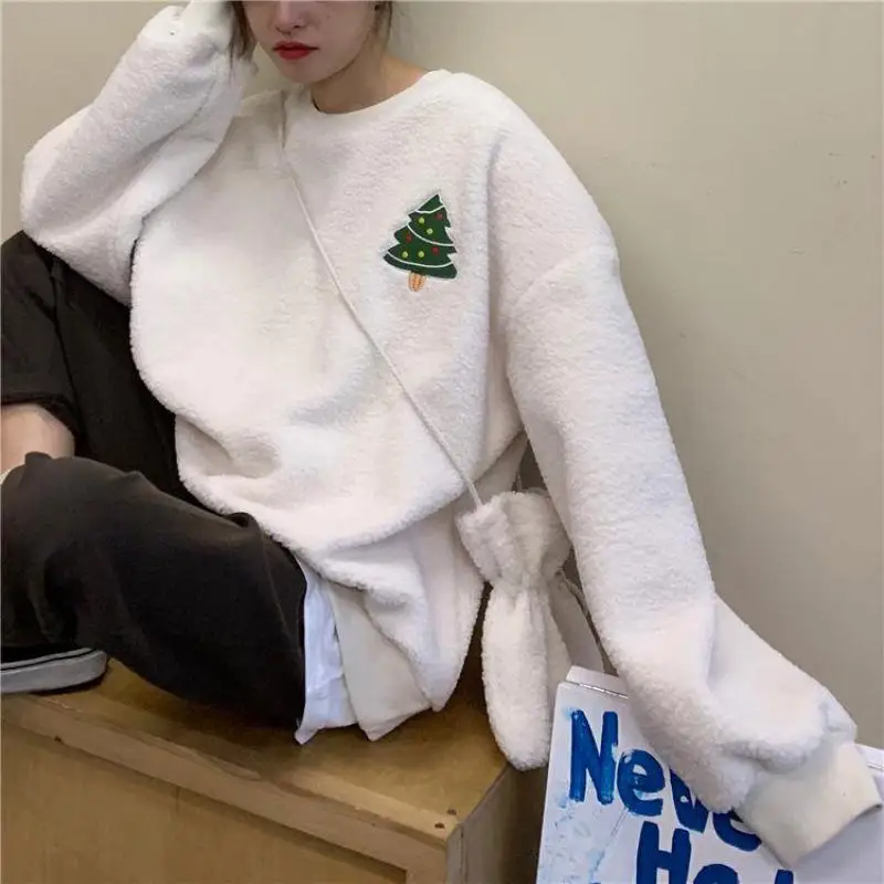 Autumn Winter Polar Fleece Loose Clothes Women Sweatshirt Harajuku Embroidered Christmas Tree Cute Snowman Happy Pullover Female